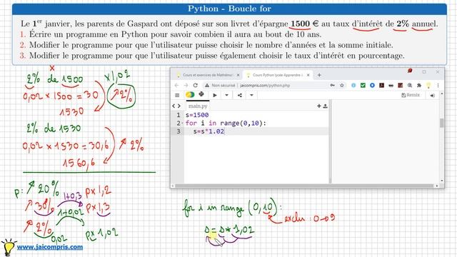 Python • Boucle for • placement au taux d'intérêt annuel de 2% Combien au bout de 10 ans? Classique смотреть онлайн