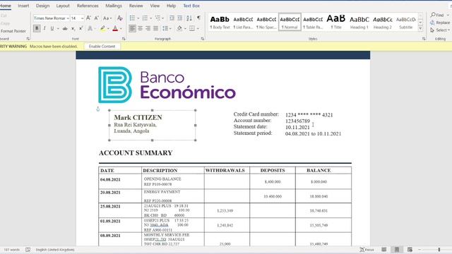 Angola Banco Economico Banking Statement Template In Word And PDF Format