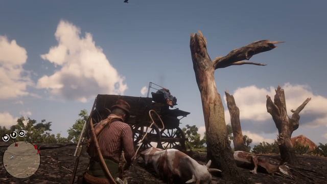 Red Dead Redemption 2 Сгоревшая повозка с двумя типами и быками в упряжке