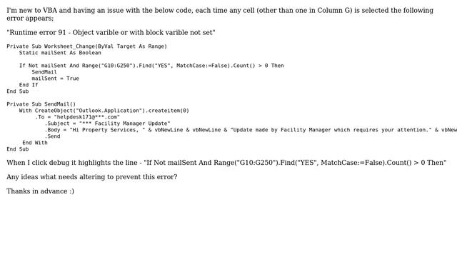 Runtime Error 91- Excel VBA