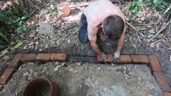 Primitive Technology_ Wood Ash Cement & Fired Brick Hut
