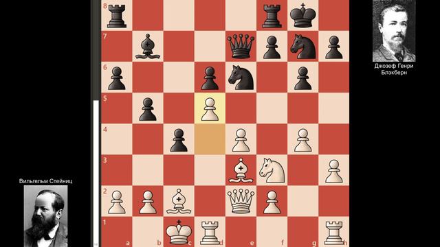 1-я партия Стейниц - Блэкберн, матч 1876 года, Лондон. (1-0) смотреть онлайн