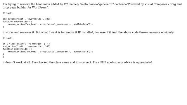 Wordpress: Removing Visual Composer head meta (works alone but not with IF) смотреть онлайн