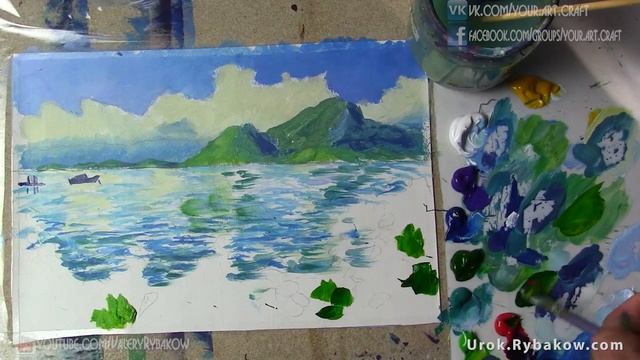Рисуем красивый морской пейзаж с горами и цветами акрилом. Полный урок живописи для начинающих. смотреть онлайн