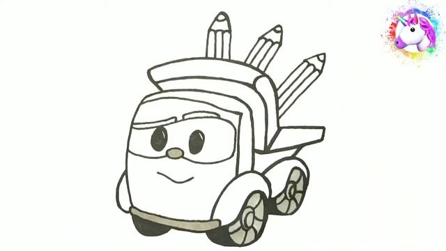 Раскраска грузовичек Лева и карандаши. Рисунок грузовик для детей и малышей. смотреть онлайн