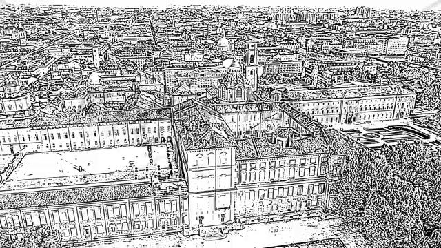Sketch doodle style. Turin, Italy. Royal Palace in Turin. Flight over the city. Historical center, смотреть онлайн