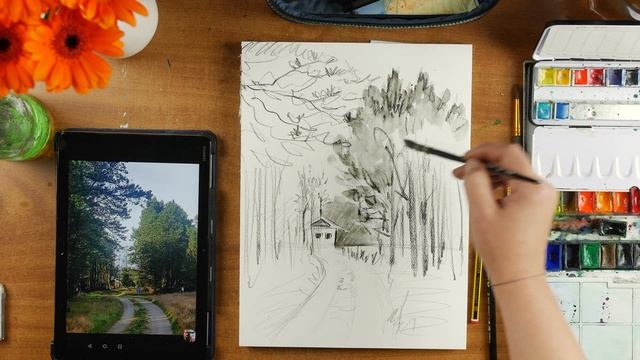 Рисуем пейзаж акварельным карандашом. смотреть онлайн