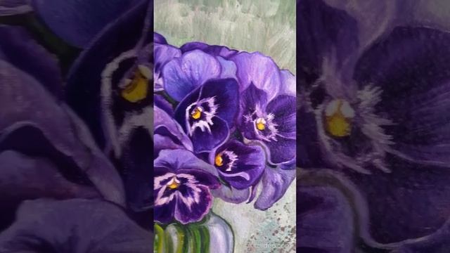 Картина маслом Анютины глазки. Цветочный натюрморт с фиалками. Букет фиалок. Цветы в вазе. смотреть онлайн