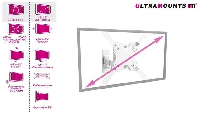 UltraMounts UM866W. Установка телевизора на стену с помощью наклонно-поворотного кронштейна UM866W. смотреть онлайн