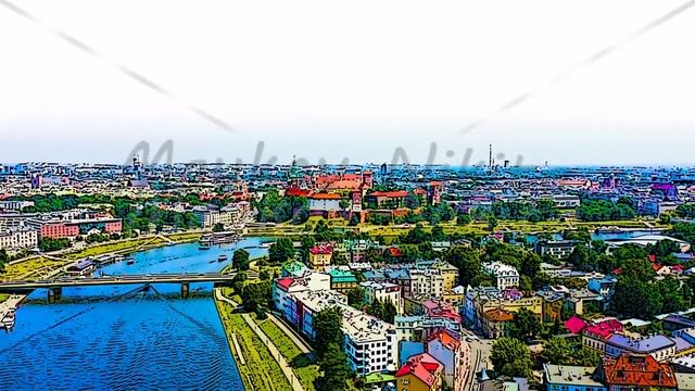 Color sketch in cartoon style. Krakow, Poland. Wawel Castle. Ships on the Vistula River. View of th смотреть онлайн