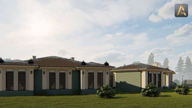 Прекрасный дом для большой семьи. Проект одноэтажного дома с панорамными окнами с террасами смотреть онлайн