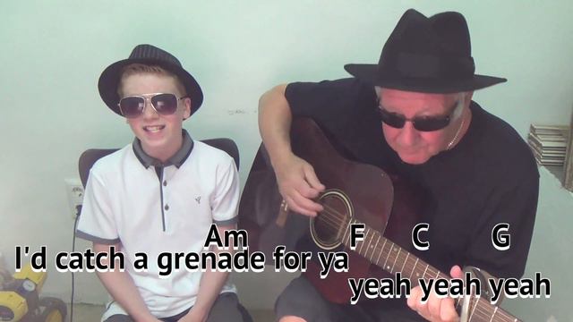 GRENADE (Bruno Mars cover) GUITAR LESSON with chords and lyrics - grandad singing with grandson смотреть онлайн