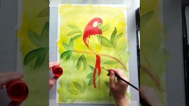 Рисуем попугая с детьми гуашью. смотреть онлайн