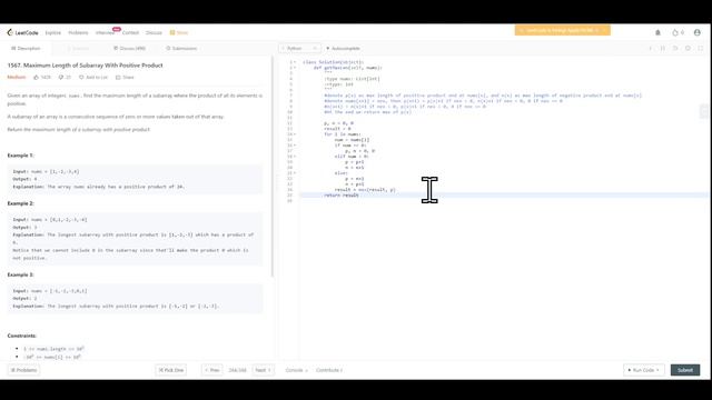 1567 Maximum Length of Subarray With Positive Product(Python & DP & Full walk thru) смотреть онлайн