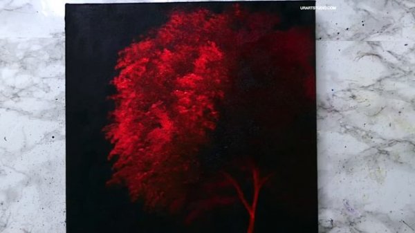 Red Tree | Black Background | Easy for Beginners | oval brush painting technique