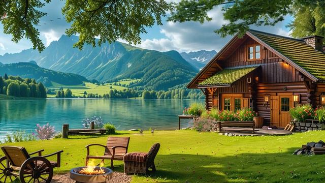 Fresh Unwind Morning Ambience🌿 ~ Campfire Sound, Birdsong By The Lakeside For Relaxing, Meditation