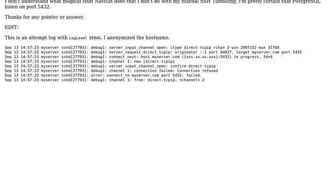 DevOps & SysAdmins: Why a PGSQL graphical client can connect through SSH Tunnel and not me? смотреть онлайн
