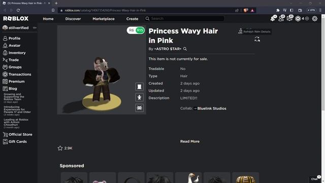 Sniping the "Princess Wavy Hair" Roblox free UGC Limited смотреть онлайн