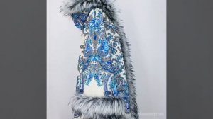 Пальто-пончо из павлопосадских платков "Весенний ручеёк-2" с искусственным мехом