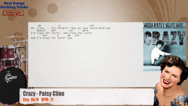 🥁 Crazy - Patsy Cline Drums Backing Track with chords and lyrics смотреть онлайн