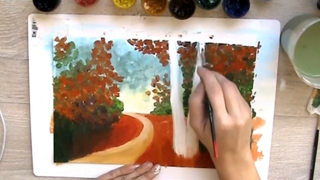 Как нарисовать осень. Рисуем Осенний пейзаж "Березки" гуашью. смотреть онлайн