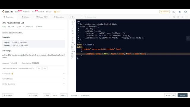 Leetcode 206. Reverse Linked List смотреть онлайн
