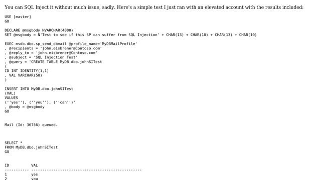 Databases: I want to know if SQL Server 2012 protect msdb.dbo.sp_send_dbmail parameters? смотреть онлайн