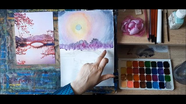 Акварель для начинающих. Живопись. Пейзаж. Китайский мостик. Сакура. смотреть онлайн