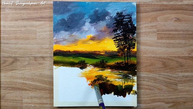 Peaceful Sunrise / Acrylic Landscape Painting on Paper / Hamlet Shougrakpam Art смотреть онлайн