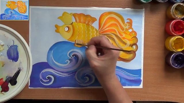 Как нарисовать золотую рыбку. Сказка о рыбаке и рыбке А.С. Пушкина. Гуашь смотреть онлайн