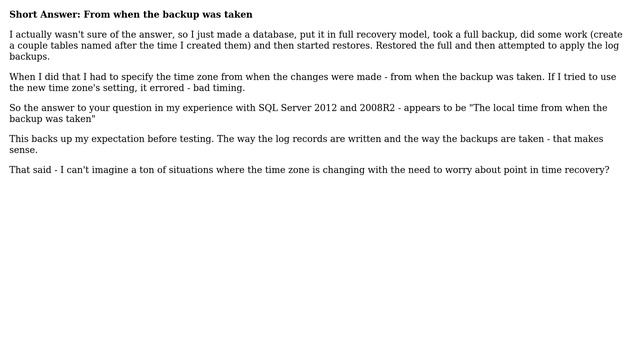 Databases: In the SQL Server RESTORE statement, in what time zone is the STOPAT argument? смотреть онлайн