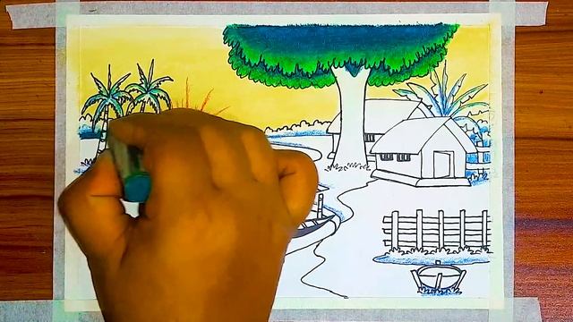 How to Draw Village Scenery With Lakeside Village Scenery | Landscape Drawing With Nature drawing смотреть онлайн