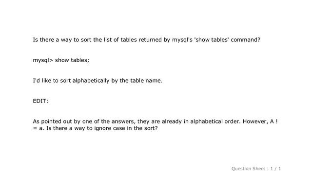 MySQL : With mysql show tables; can I sort by table name while ignoring case? смотреть онлайн