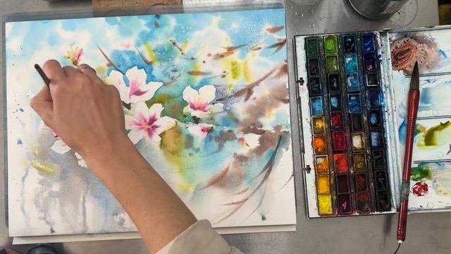 Как нарисовать цветок акварелью | Картина Цветущее миндальное дереро | Туториал Евгении Горбачевой смотреть онлайн