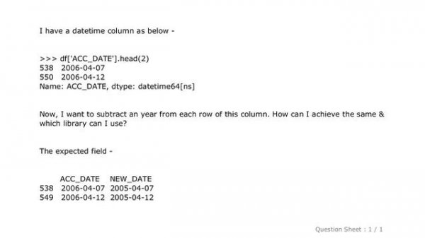 Pandas : Subtract a year from a datetime column in pandas