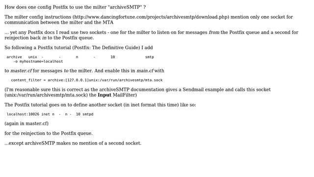 Configuring Postfix to use milter (archiveSMTP) смотреть онлайн