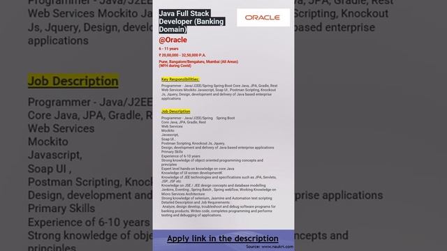 Oracle | Java Full Stack Developer (Banking Domain) | Pune, Bangalore/Bengaluru, Mumbai | 6-11 Year смотреть онлайн