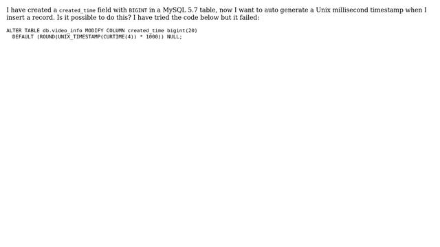 Databases: Is it possible to automatically generate a Unix millisecond timestamp in MySQL 5.7 смотреть онлайн