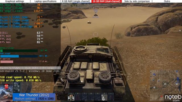 Acer Aspire 5 A515-45 - War Thunder Gameplay Benchmark (Ryzen 5 5500U, RX VEGA 7)