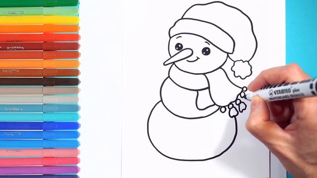 Как нарисовать снеговика. Простая раскраска. How to draw a snowman. Simple coloring book. смотреть онлайн
