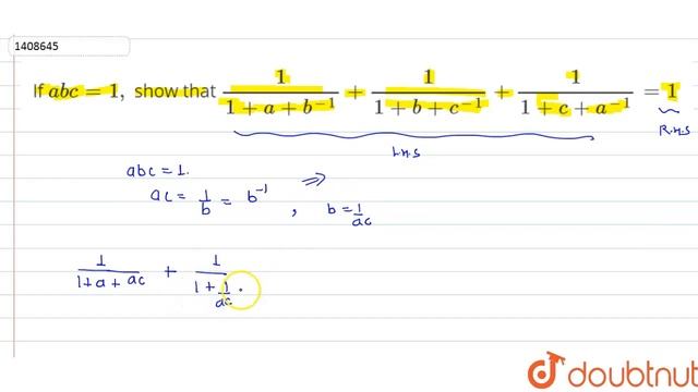 "If `a b c=1,`show that`1/(1+a+b^(-1))+1/(1+b+c^(-1))+1/(1+c+a^(-1))=1`" смотреть онлайн