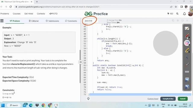 Maximum Sub-String after at most K changes || GFG POTD || JAVA Code || C++ Code || 2-Pointer || смотреть онлайн