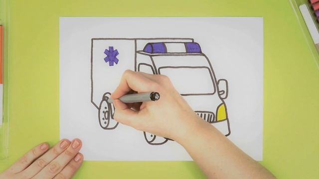 РАСКРАСКА. Рисуем МАШИНУ СКОРОЙ ПОМОЩИ. Развивающее видео про машинки для детей смотреть онлайн