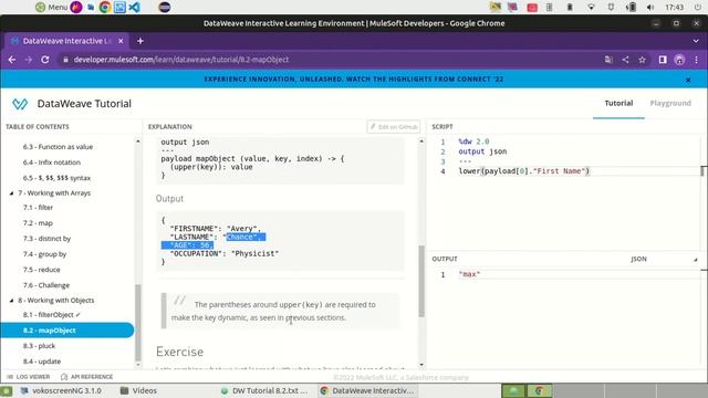DataWeave Playground Walkthrough 8.2 The mapObject function DW Benginners SF - Mulesoft - Dataweave смотреть онлайн