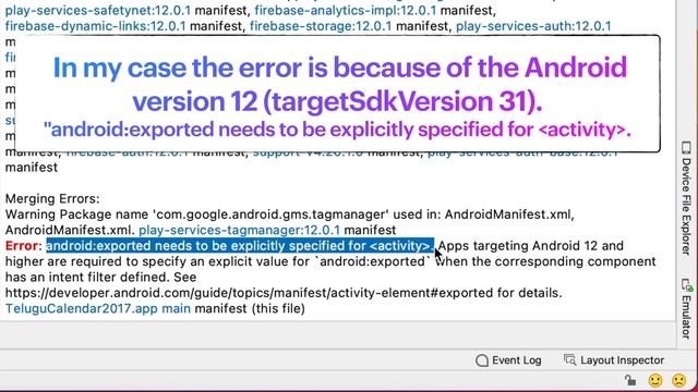 How to fix "Manifest merger failed with multiple errors, see logs" in Android Studio смотреть онлайн