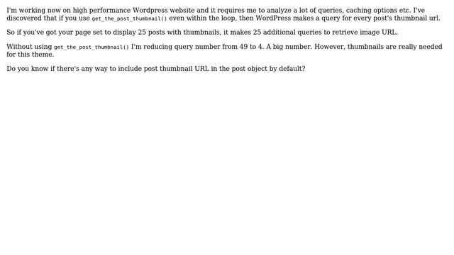 Wordpress: Including post thumbnail url in loop's post object to reduce number of queries смотреть онлайн