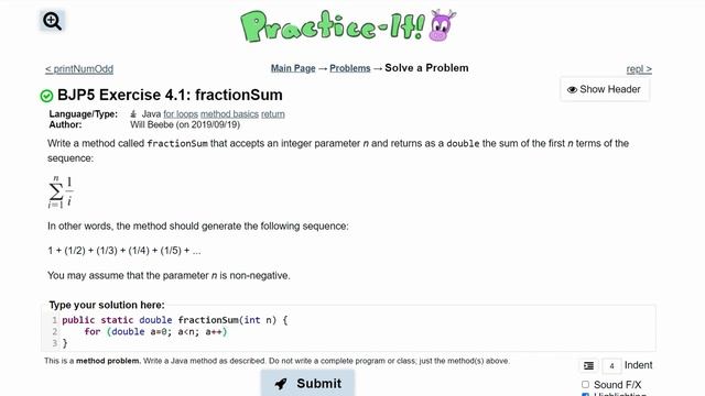 Java Practice It || 4.1 fractionSum || for loop, summation, int method, double return смотреть онлайн