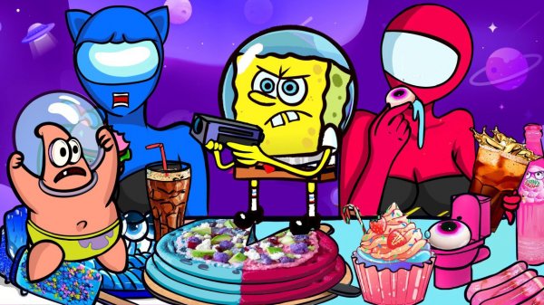 Губка Боб и Патрик Анимация | Мукбанг АМОНГ-АС едят все подряд | Челлендж Голубая и Розовая еда