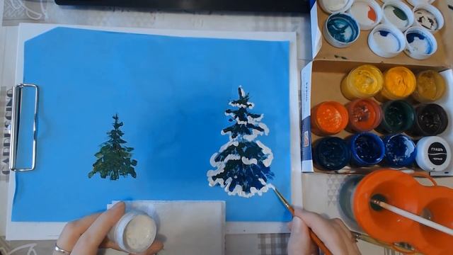 Зимний пейзаж. Ели. Техника работы сухой кистью смотреть онлайн