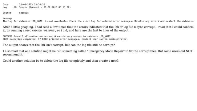 Databases: Error 9001, Severity: 21, State: 1 The log for database 'DB_NAME' is not available смотреть онлайн